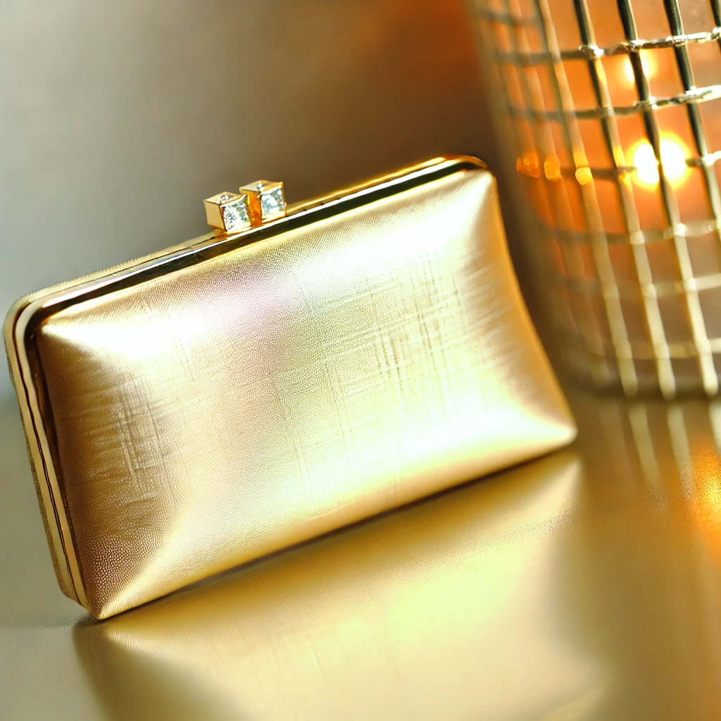 DALL·E 2024-08-01 11.23.01 - Image of an elegant and sophisticated golden clutch, ideal for complementing a gala dress. The clutch should be small and delicate, featuring a minima